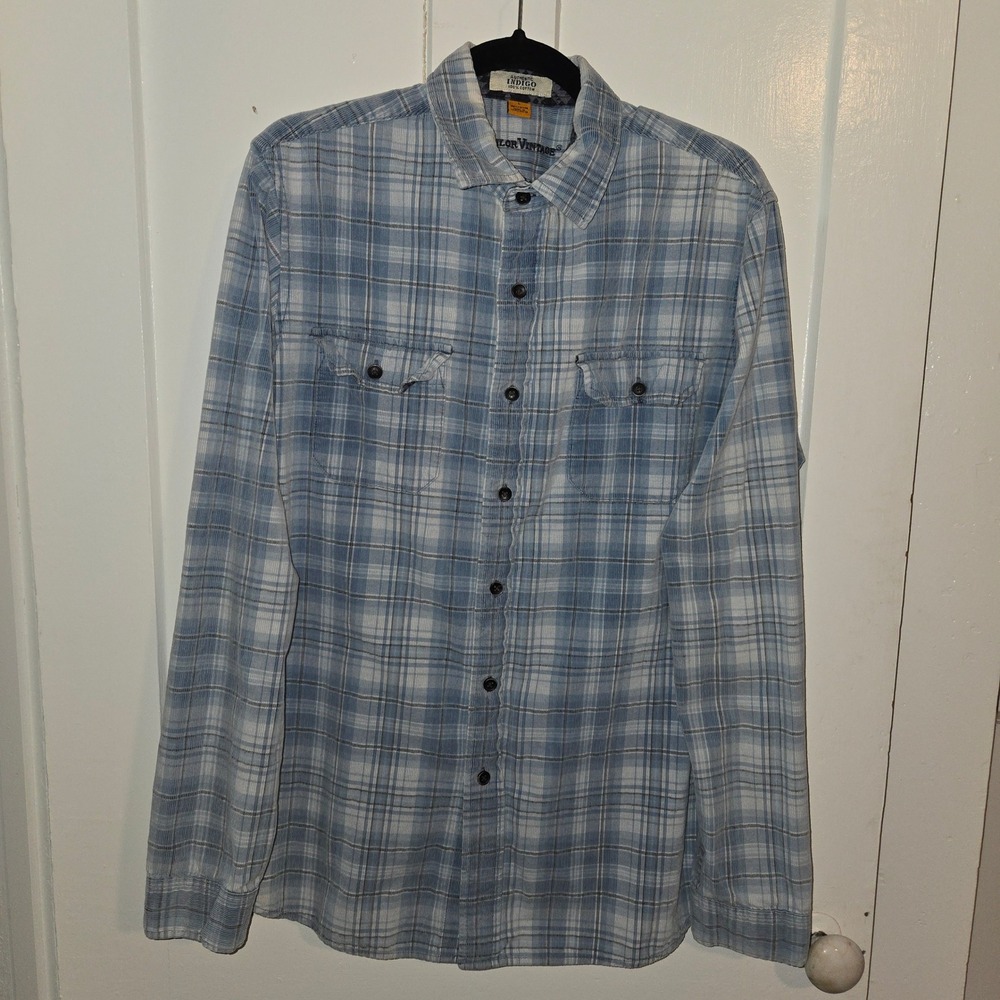 Tailor Vintage Mens Blue Plaid Corduroy Button Down Shirt Large Authentic Indigo